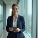 Femme en costume navy dans un bureau moderne avec vue urbaine