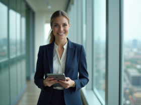 Femme en costume navy dans un bureau moderne avec vue urbaine