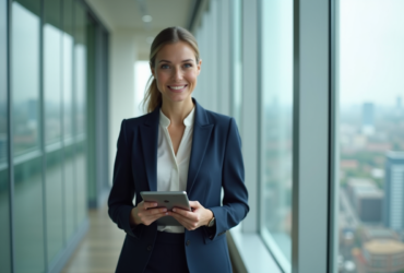 Femme en costume navy dans un bureau moderne avec vue urbaine