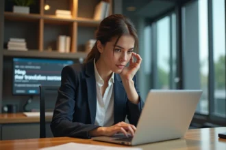 Femme au bureau utilisant un site de traduction