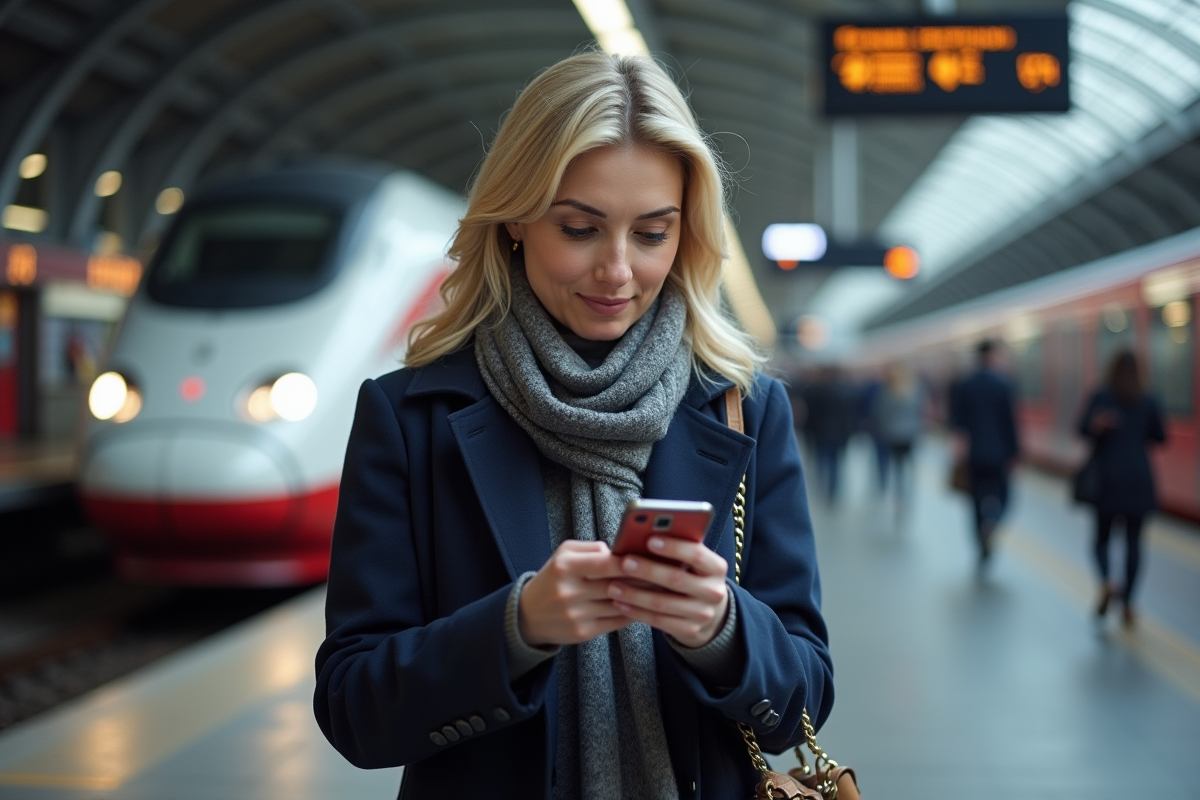 Femme en trench sur plateforme de train en France