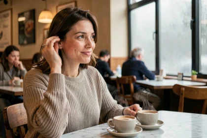 Femme troublée dans un café qui joue avec ses cheveux, signe inconscient d'attraction