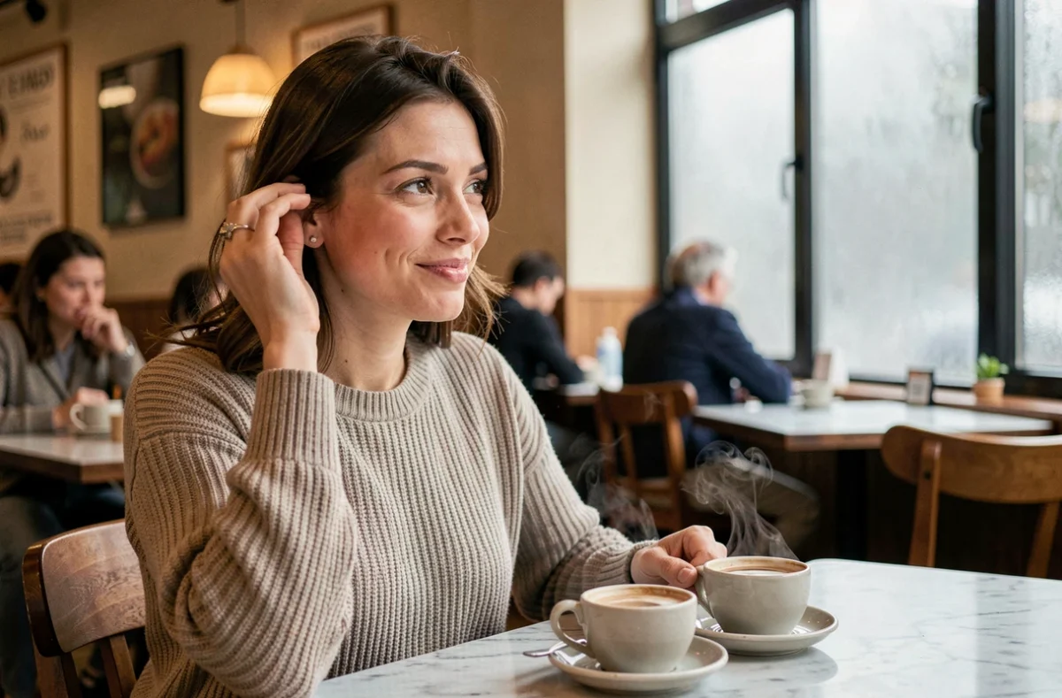 Femme troublée dans un café qui joue avec ses cheveux, signe inconscient d'attraction