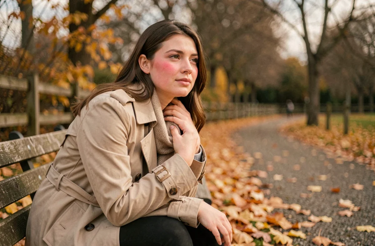 Femme troublée assise dans un parc en automne, expression rêveuse et gestes inconscients d'attraction