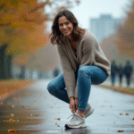 Femme en jeans et pull en ville apres pluie, laceant ses chaussures