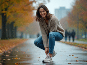 Femme en jeans et pull en ville apres pluie, laceant ses chaussures