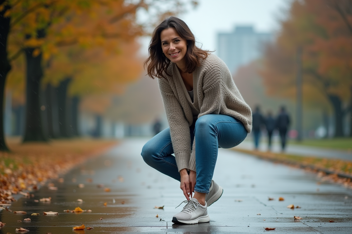 Femme en jeans et pull en ville apres pluie, laceant ses chaussures