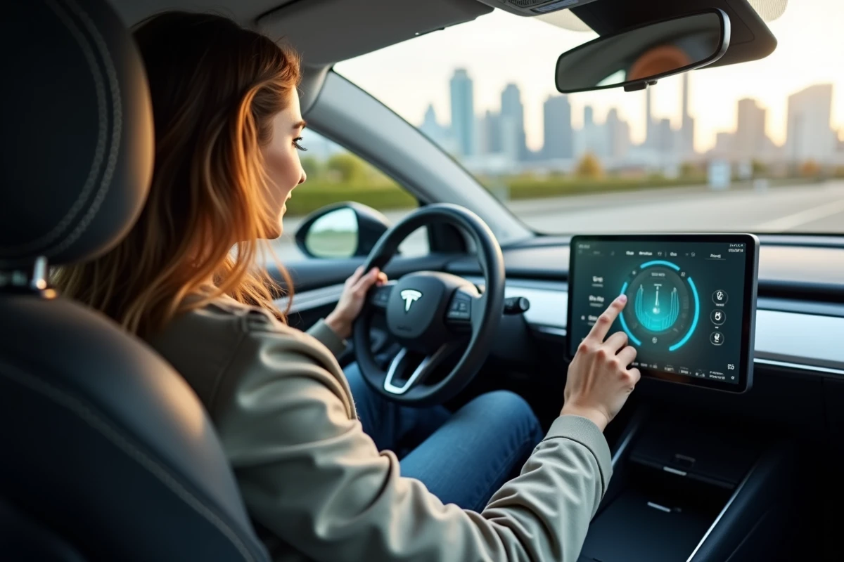 Jeune femme utilise ecran tactile dans voiture électrique