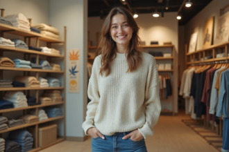 Jeune femme en vêtements durables devant un magasin écologique