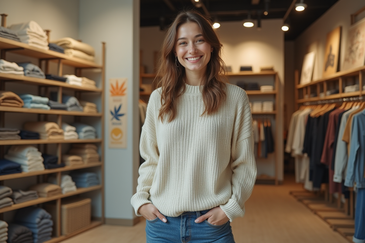 Jeune femme en vêtements durables devant un magasin écologique