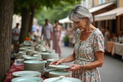 Femme d'âge moyen examine vaisselle vintage au vide grenier