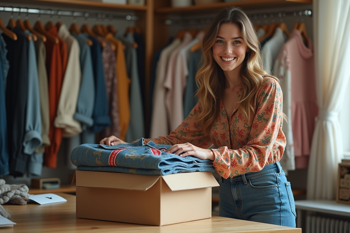 Jeune femme emballant une veste vintage dans un bureau cosy