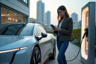 Jeune femme avec voiture électrique moderne en ville