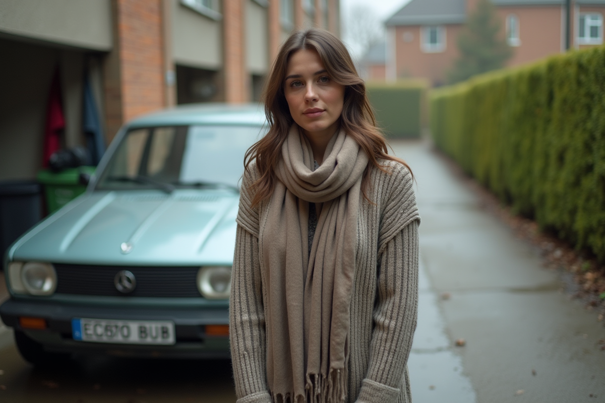 Jeune femme devant une voiture dans une zone résidentielle