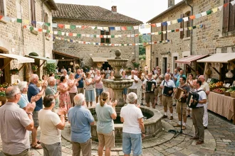 Fête de village animée en Aveyron avec musiciens traditionnels et habitants réunis autour d'une fontaine en pierre