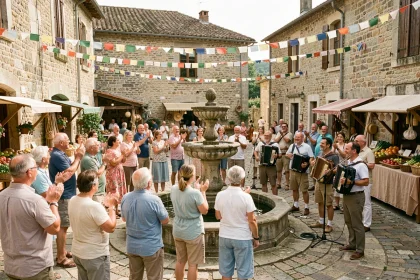 Fête de village animée en Aveyron avec musiciens traditionnels et habitants réunis autour d'une fontaine en pierre