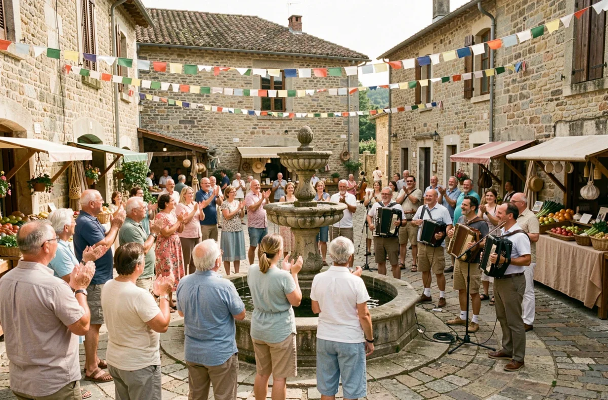 Fête de village animée en Aveyron avec musiciens traditionnels et habitants réunis autour d'une fontaine en pierre
