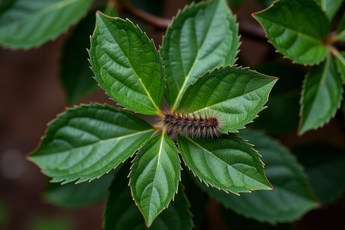 Feuilles de pommier avec chenille sur sol naturel