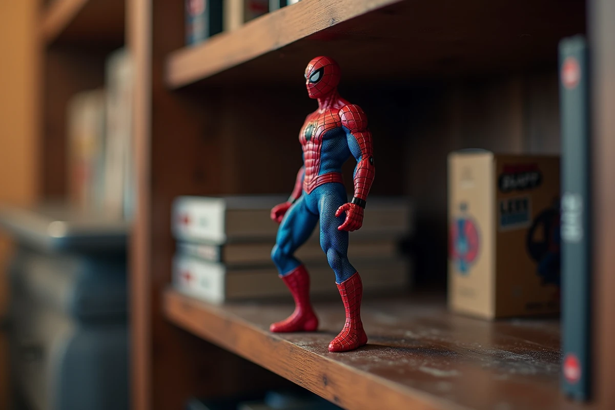 Figurine Spider-Man édition limitée 2026 posée sur une étagère en bois sombre, détail de sculpture et peinture métallique visibles