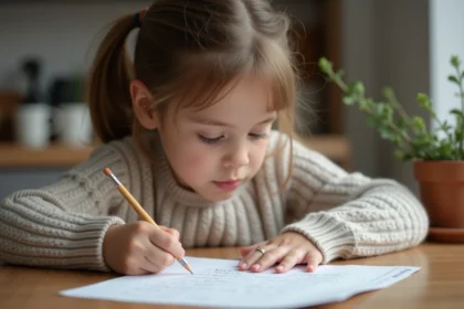 Jeune fille écrivant des poèmes dans la cuisine