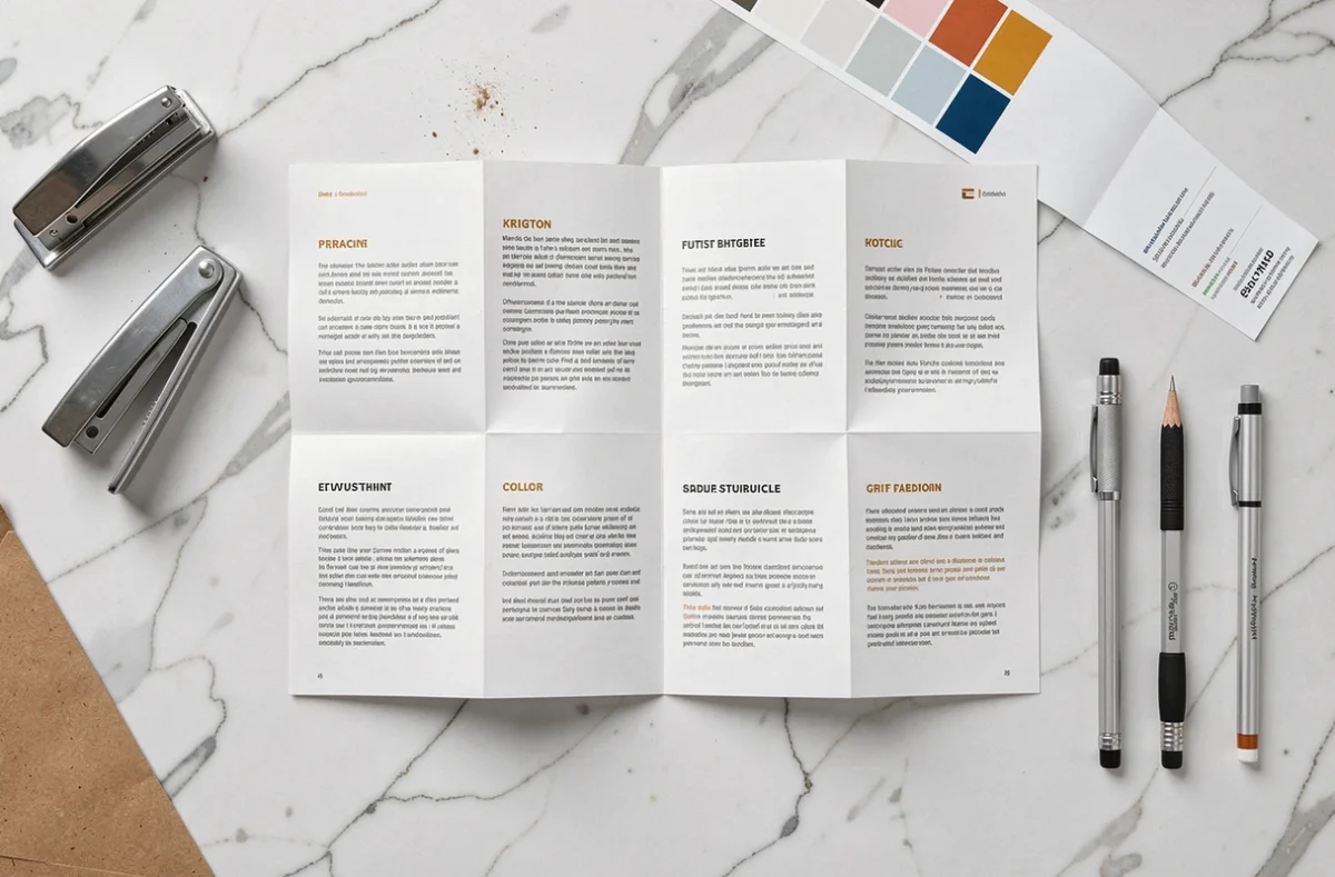 Vue à plat d'une brochure agrafée 8 pages ouverte sur marbre blanc avec outils d'impression professionnels et guide couleur pour tirage en ligne
