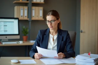 Fonctionnaire de catégorie C en bureau administratif examinant ses fiches de paie pour 2026