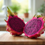 Dragon fruit tranché sur planche en bois lumineux