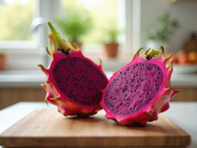 Dragon fruit tranché sur planche en bois lumineux