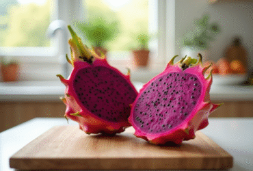 Dragon fruit tranché sur planche en bois lumineux