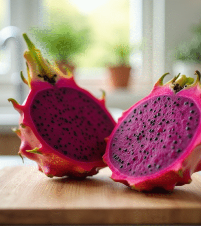 Dragon fruit tranché sur planche en bois lumineux