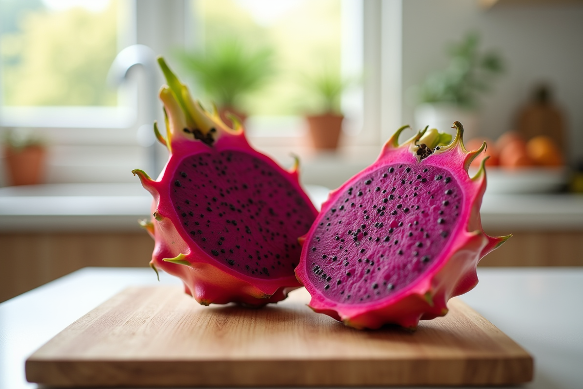 Dragon fruit tranché sur planche en bois lumineux