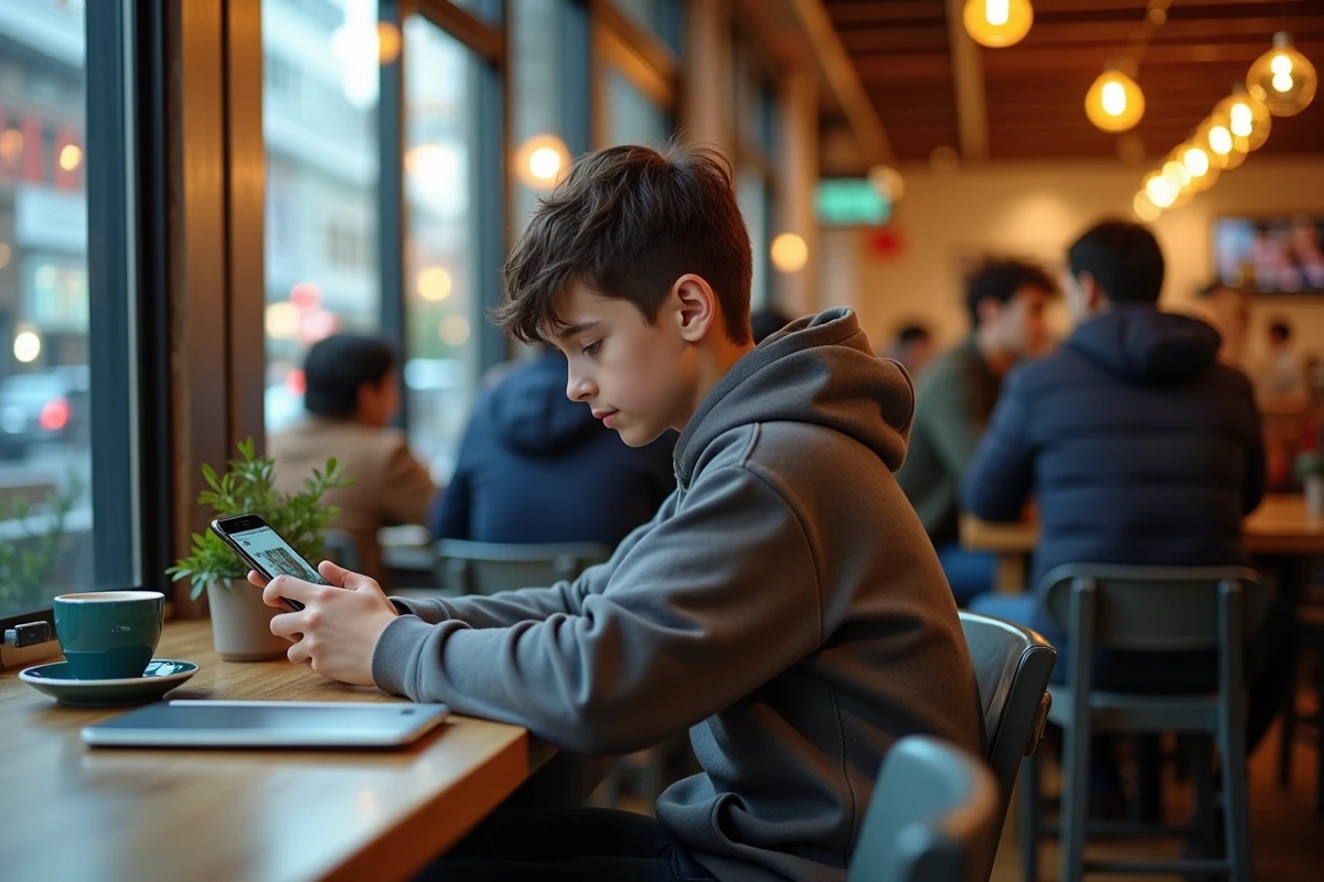 Adolescent au café regardant manga sur son smartphone