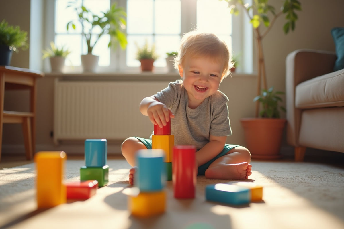 Garçon de 3 ans jouant avec des blocs en bois colorés