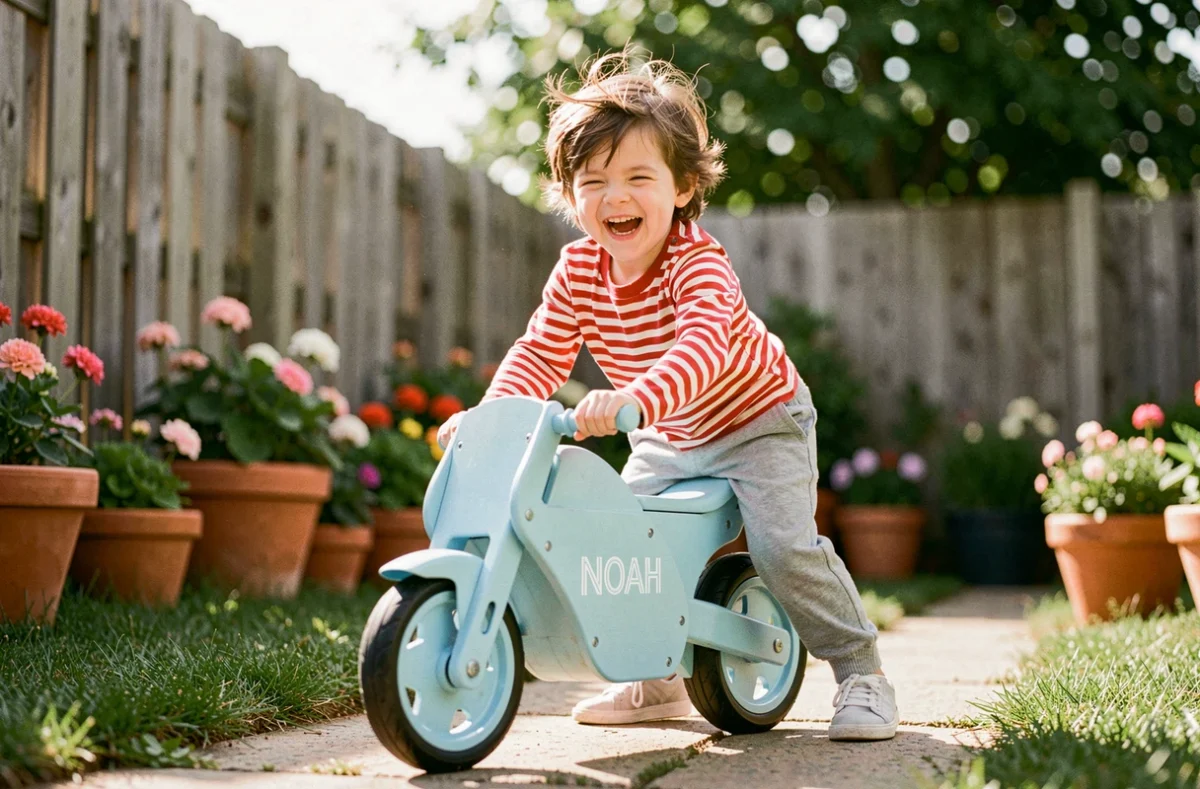 Petit garçon riant en poussant une moto jouet bleue personnalisée avec le prénom NOAH gravé, dans un jardin fleuri