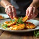 Chef garnissant des escalopes milanaises dorées avec microgreens