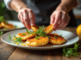 Chef garnissant des escalopes milanaises dorées avec microgreens