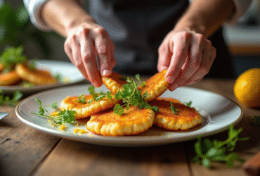 Chef garnissant des escalopes milanaises dorées avec microgreens