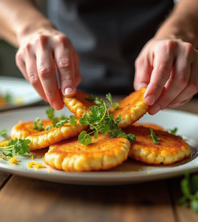 Chef garnissant des escalopes milanaises dorées avec microgreens