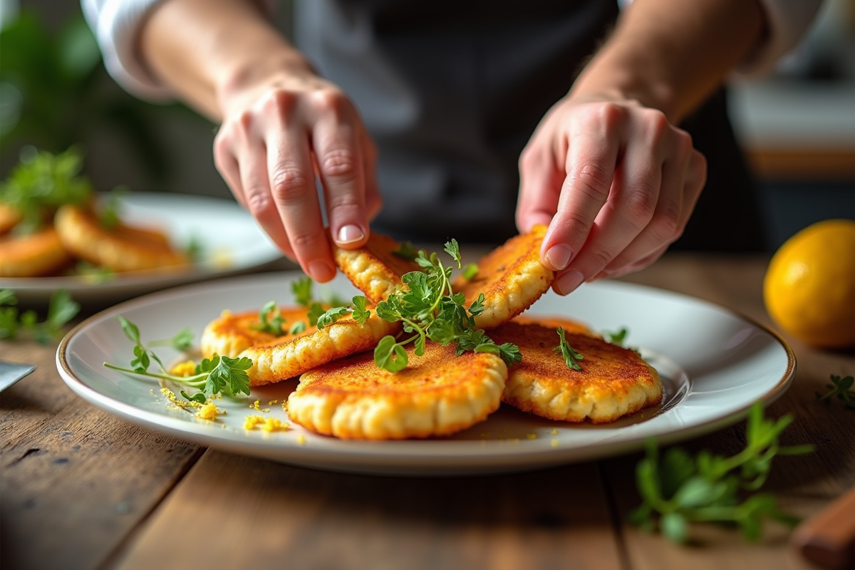 Chef garnissant des escalopes milanaises dorées avec microgreens