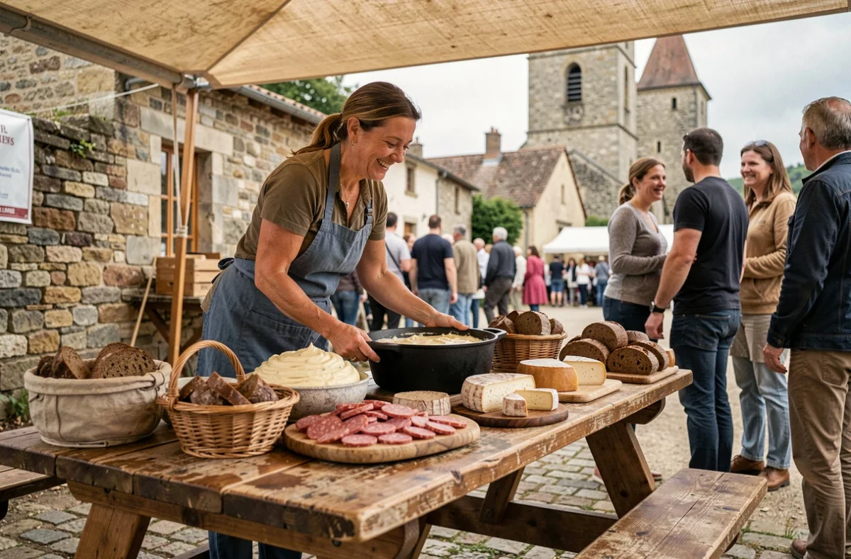 Stand de gastronomie aveyronnaise lors d'une fête de village avec aligot, fromage Laguiole et saucisson servis par une productrice locale