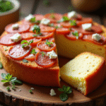 Gâteau tranché avec chorizo et feta sur une table en bois
