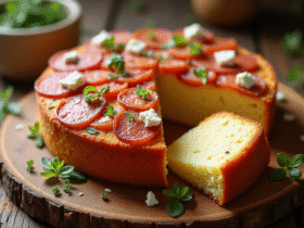 Gâteau tranché avec chorizo et feta sur une table en bois