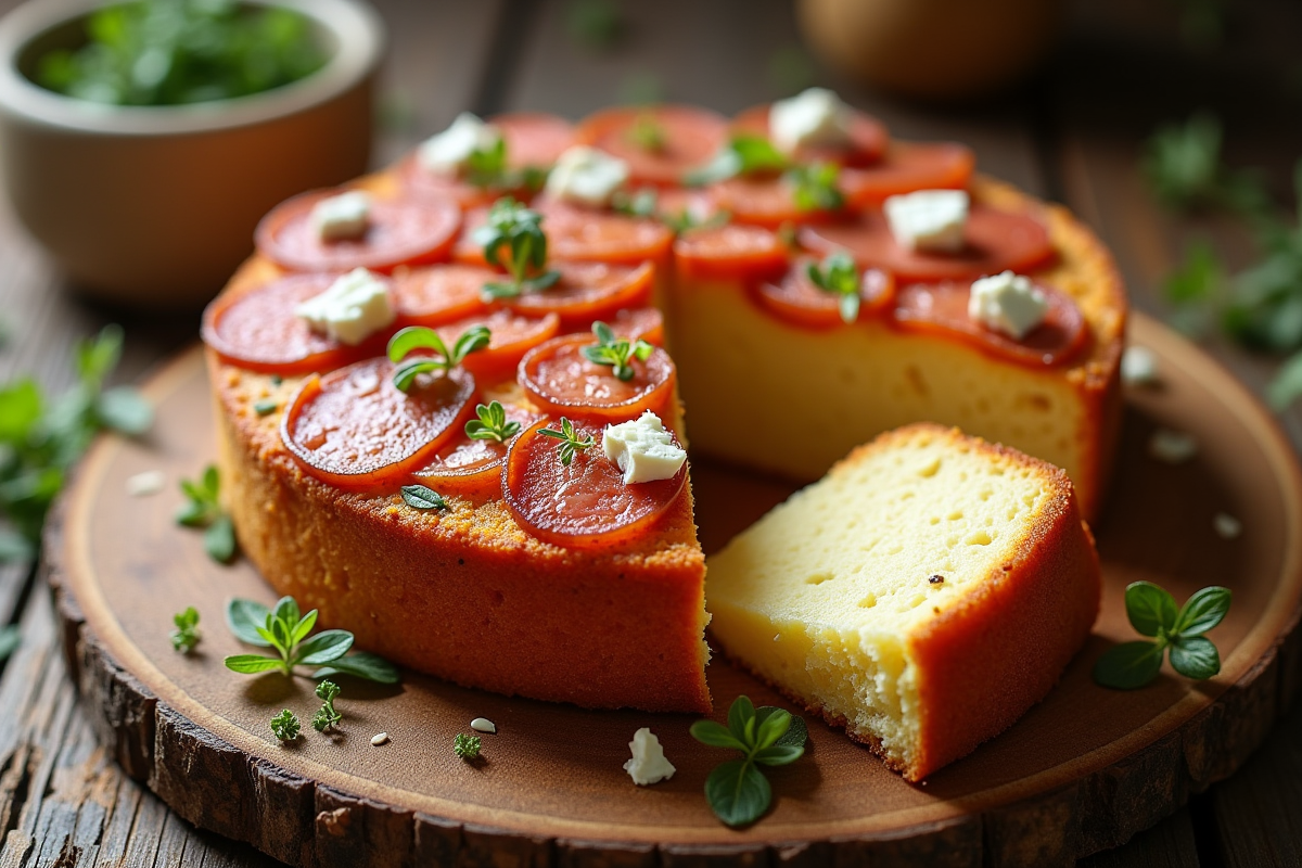 Gâteau tranché avec chorizo et feta sur une table en bois