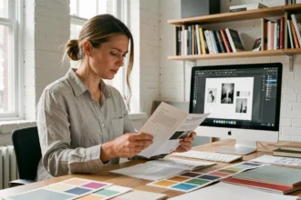 Graphiste professionnelle vérifiant une brochure agrafée 8 pages dans un studio de création moderne avec échantillons papier et écran de mise en page