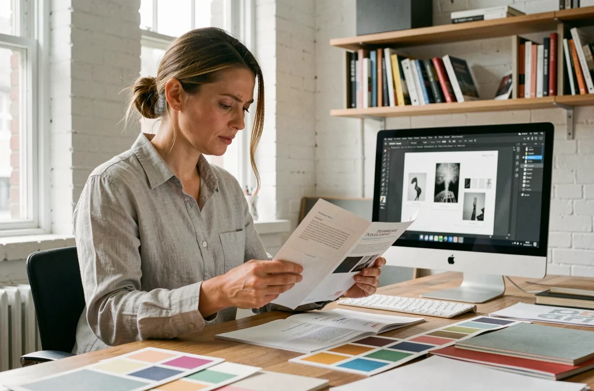 Graphiste professionnelle vérifiant une brochure agrafée 8 pages dans un studio de création moderne avec échantillons papier et écran de mise en page