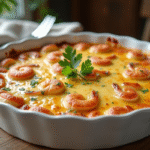 Gratin de fruits de mer doré dans un plat en céramique