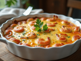 Gratin de fruits de mer doré dans un plat en céramique