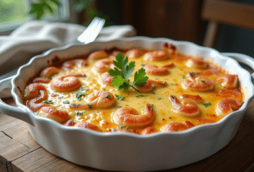 Gratin de fruits de mer doré dans un plat en céramique