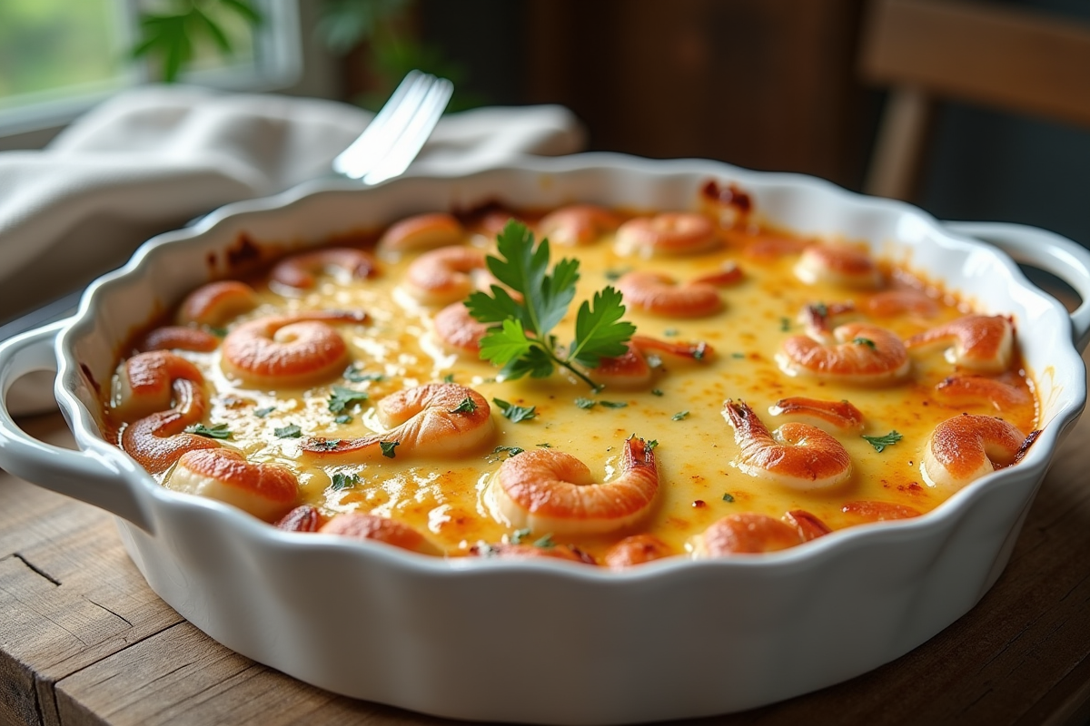 Gratin de fruits de mer doré dans un plat en céramique
