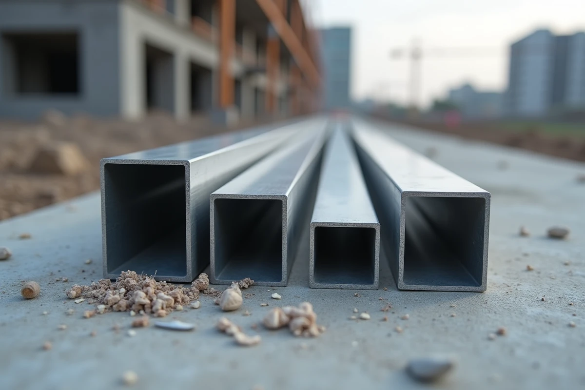 Gros plan de tubes carrés en aluminium de différentes épaisseurs disposés en diagonale sur un sol en béton de chantier